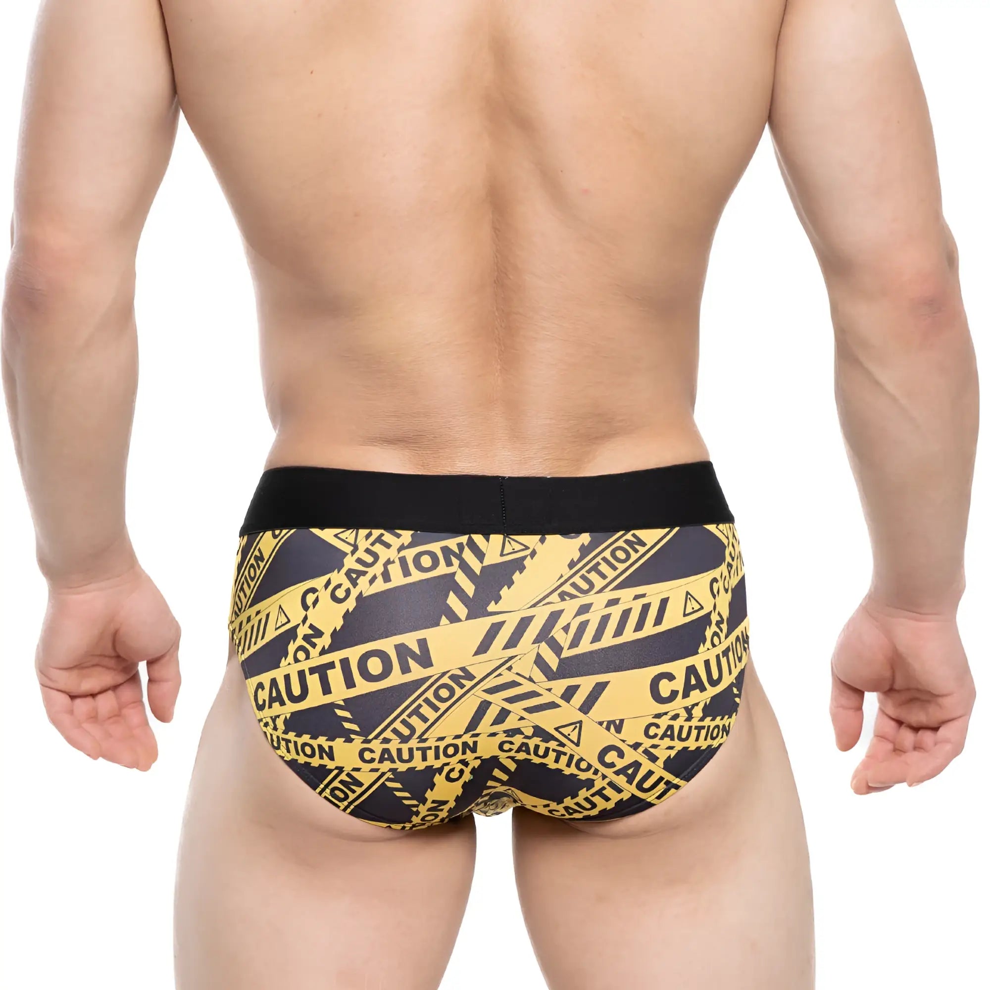 Metro malewear danger brief black 5003-66 yellow and black caution tape patterned briefs with solid black waistband