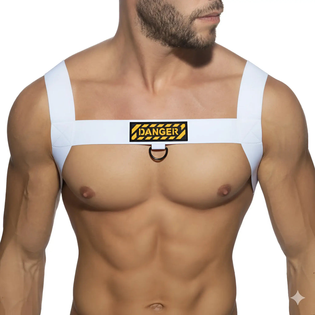White fabric MetroMaleWear danger harness with black yellow patch and metal ring for secure fit