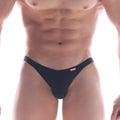 Black mens thong MetroMaleWear Dangerous Jock Strap black with small red logo on waistband shown from the back side