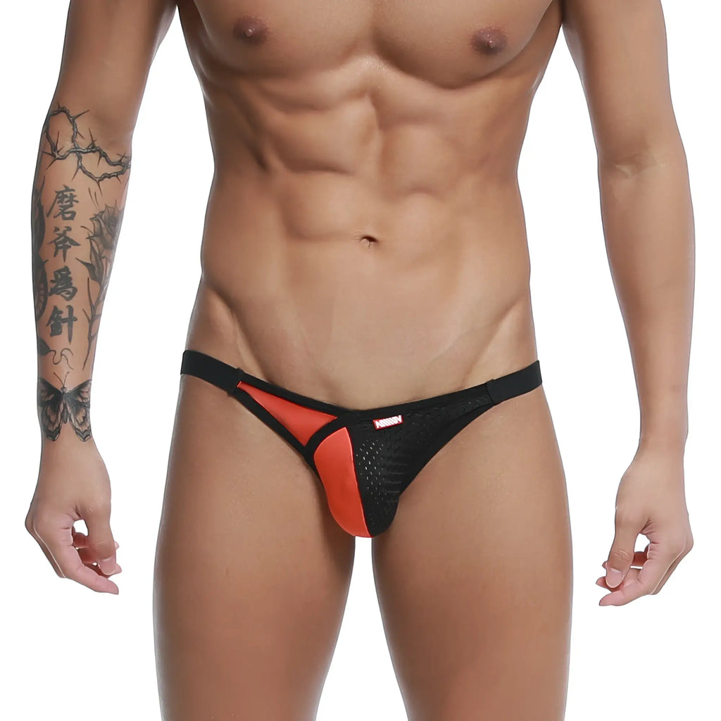 Metro male wear dangerous jock strap orange 8001-24 black and orange mesh thong with red logo waistband back view