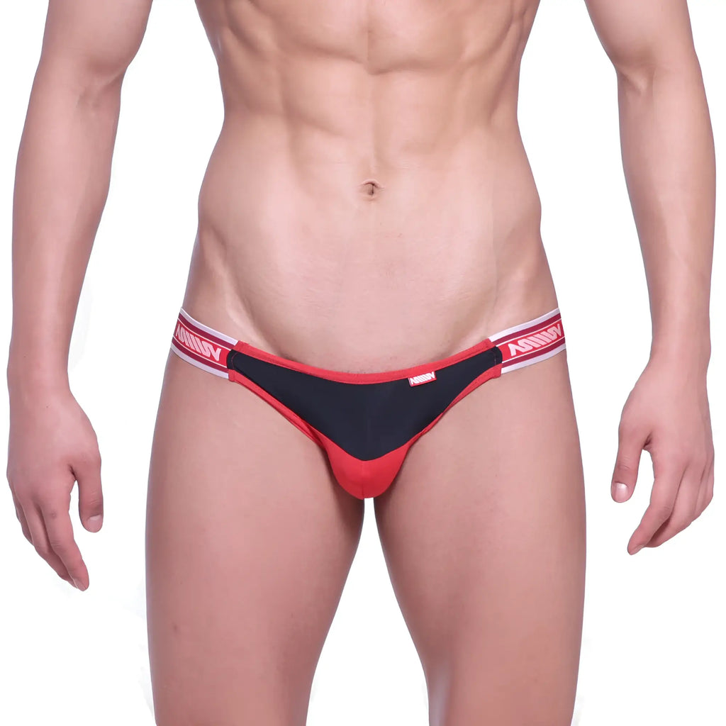 Red and black thong with white elastic waistband featuring mann branding from metromalewear dangerous jock strap valiente