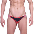 Red and black thong with white elastic waistband featuring mann branding from metromalewear dangerous jock strap valiente