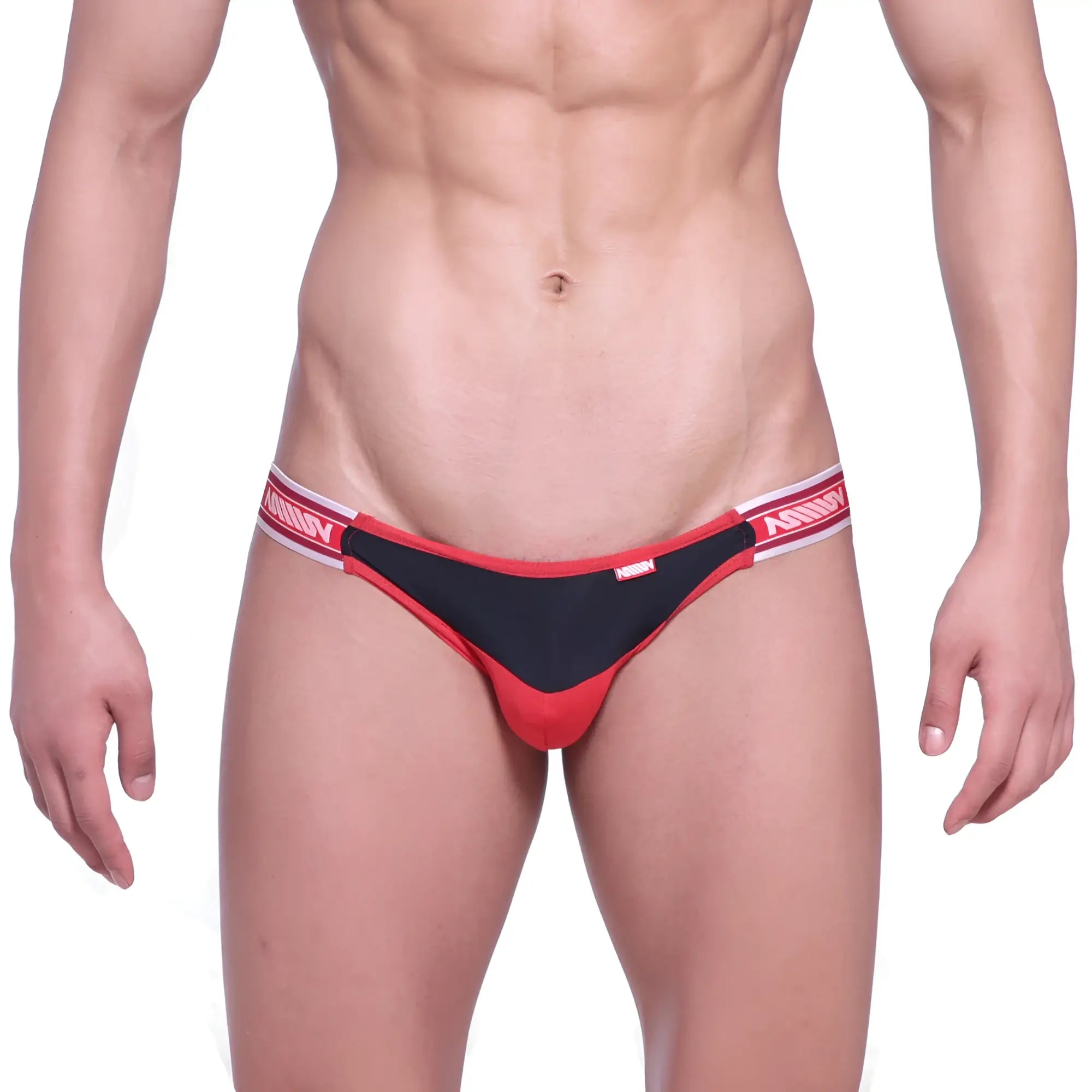 Red and black thong with white elastic waistband featuring mann branding from metromalewear dangerous jock strap valiente