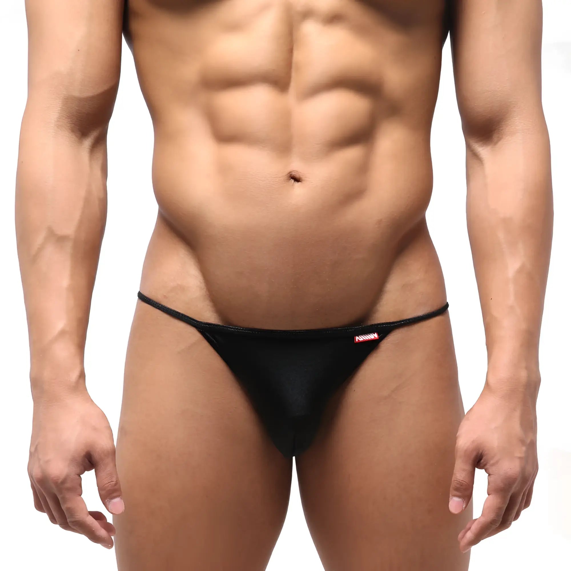 Black sheer mesh thong with thin waistband and small red logo side by metrmalewear dangerous swim bikini