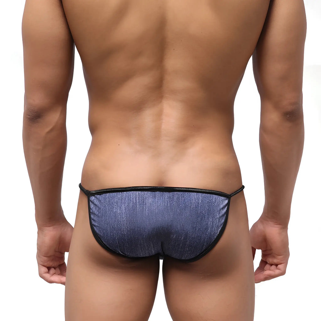 Metro male wear dangerous swim bikini denim 4930-60 blue denim textured thong with black trim showing the back side