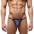 Blue denim thong swim bikini with black elastic waistband and small red logo from metromalewear dangerous swim 4930-60