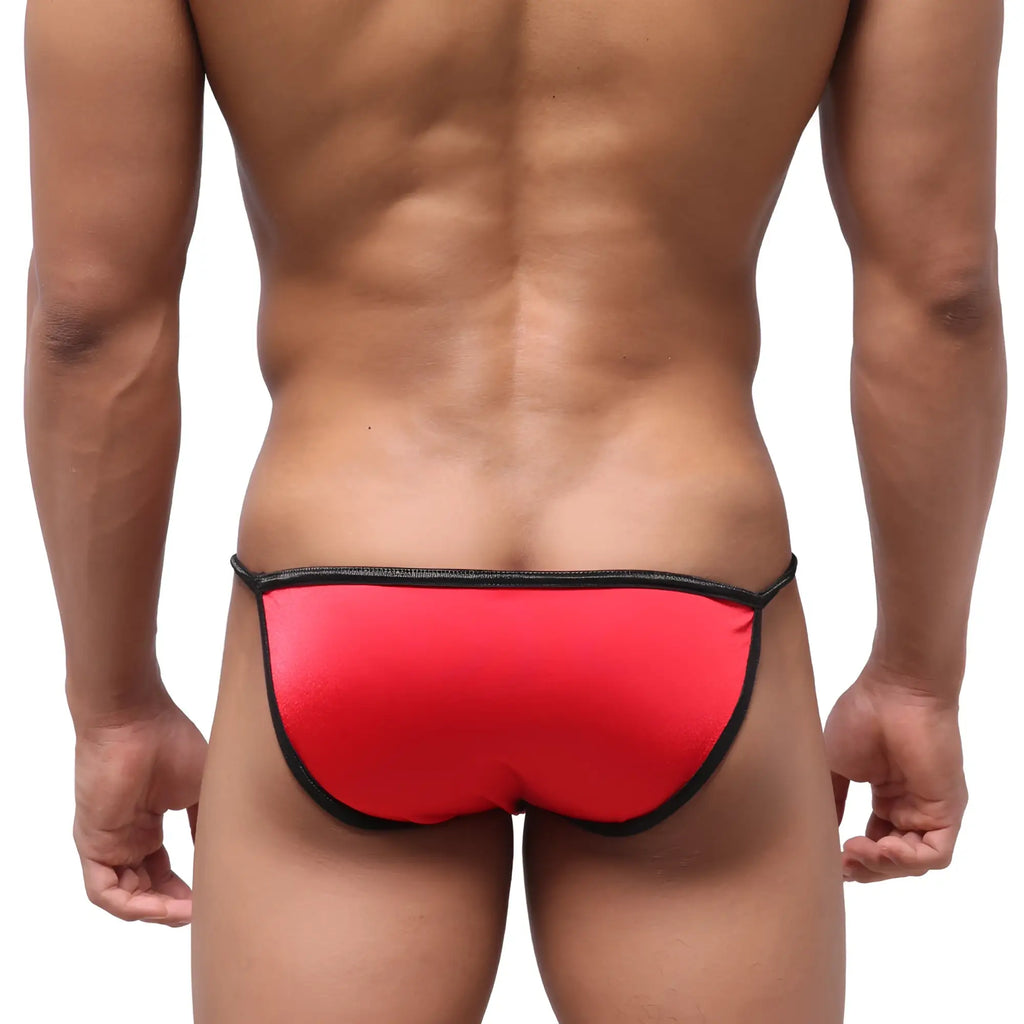 Red athletic swim briefs with black trim by metromalewear ideal for active water sports and beach use