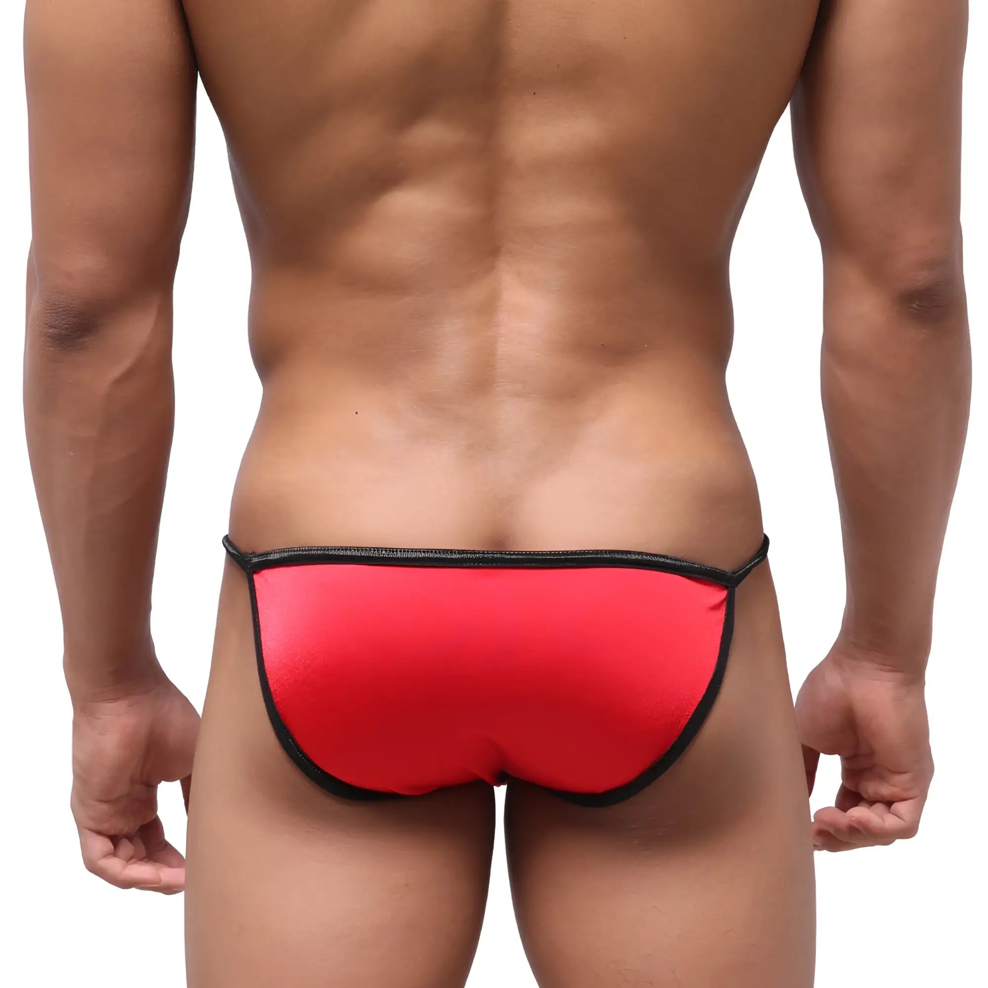 Red athletic swim briefs with black trim by metromalewear ideal for active water sports and beach use