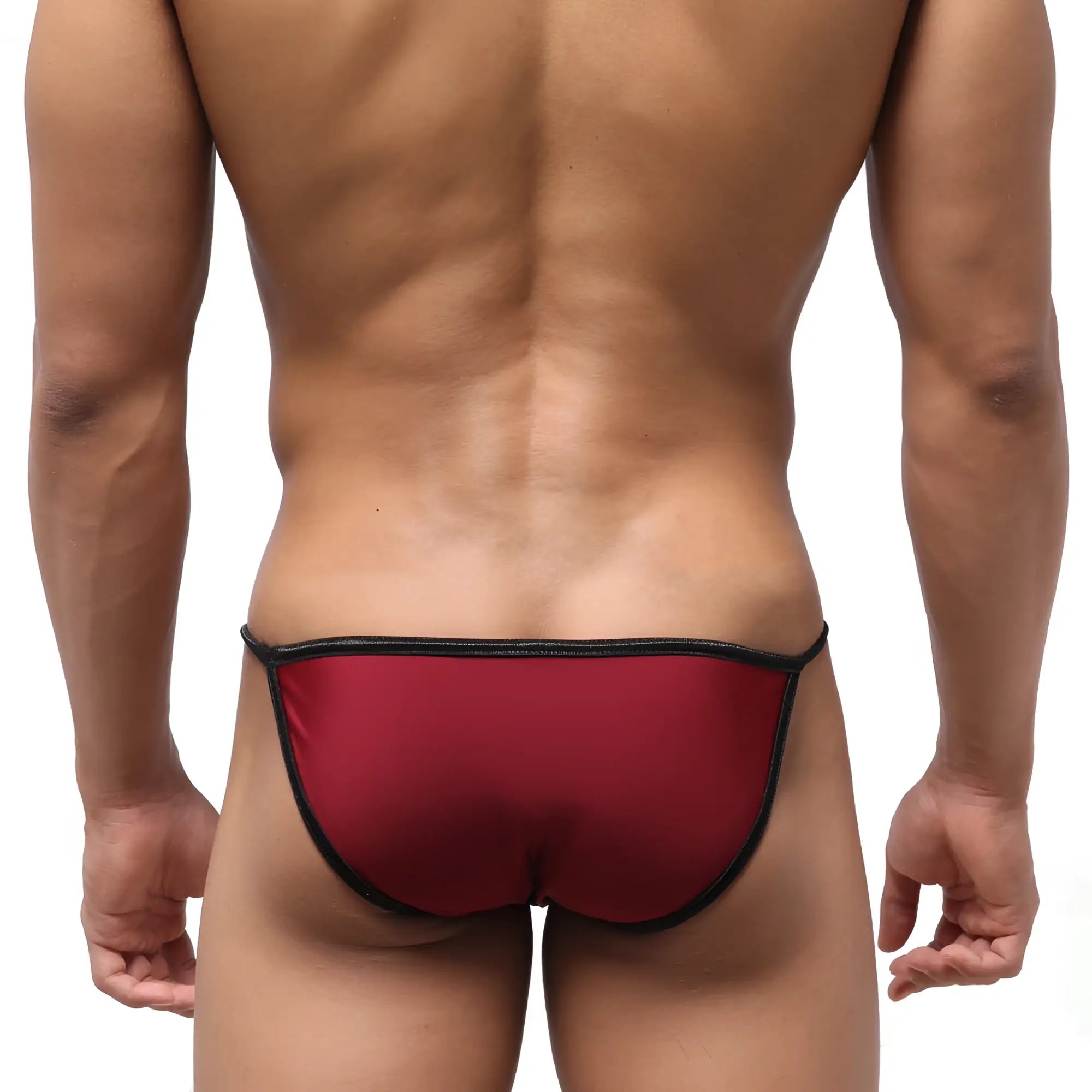 Red thong swim bikini with black trim by metromalewear in wine color designed for dangerous swimwear use
