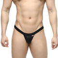 Black thong with smooth form-fitting design and small red logo on waistband by MetroMaleWear Dangerous Thong Black 8002-20
