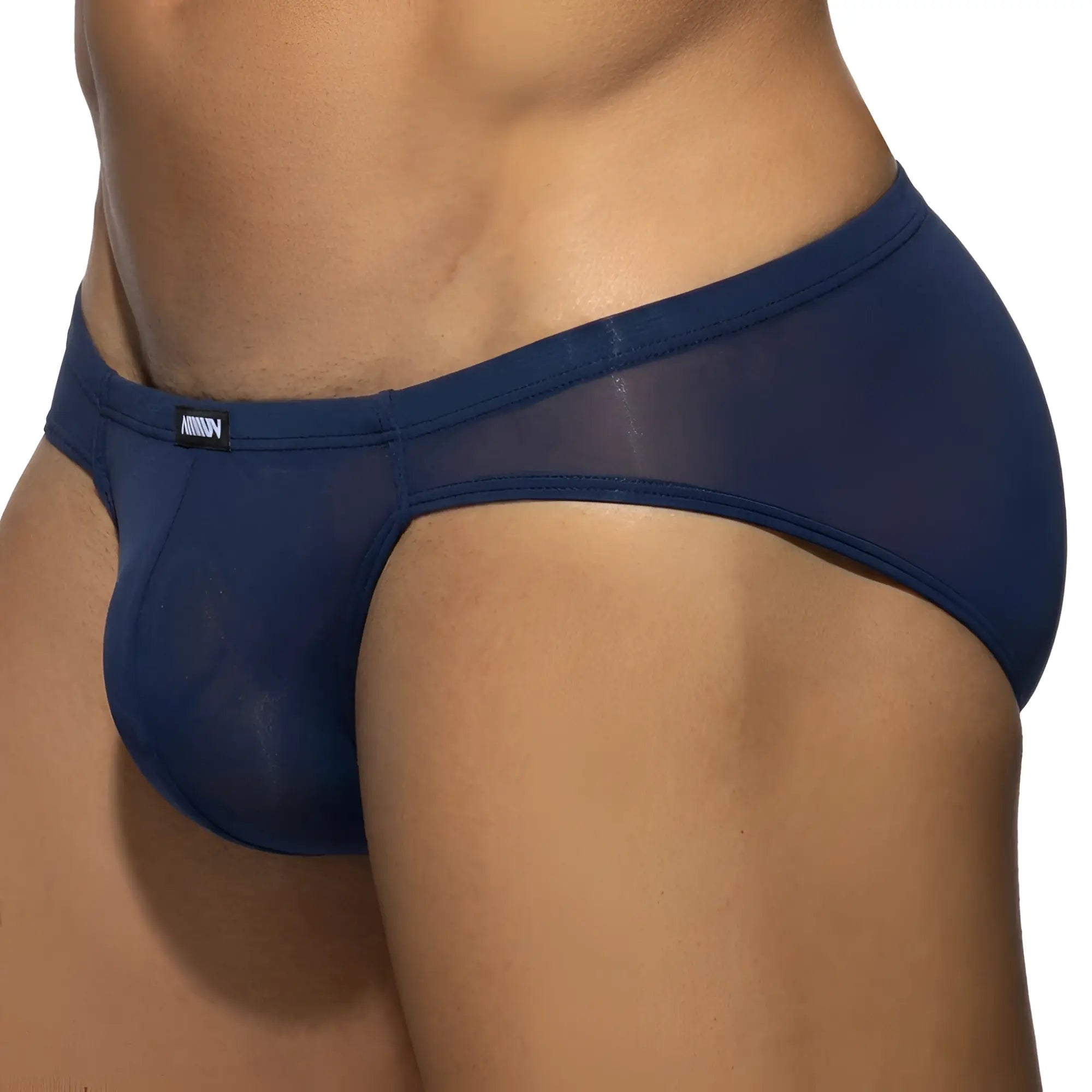 Navy blue sheer mesh briefs with solid fabric waistband and metro male wear brand logo tag in darcian bikini style