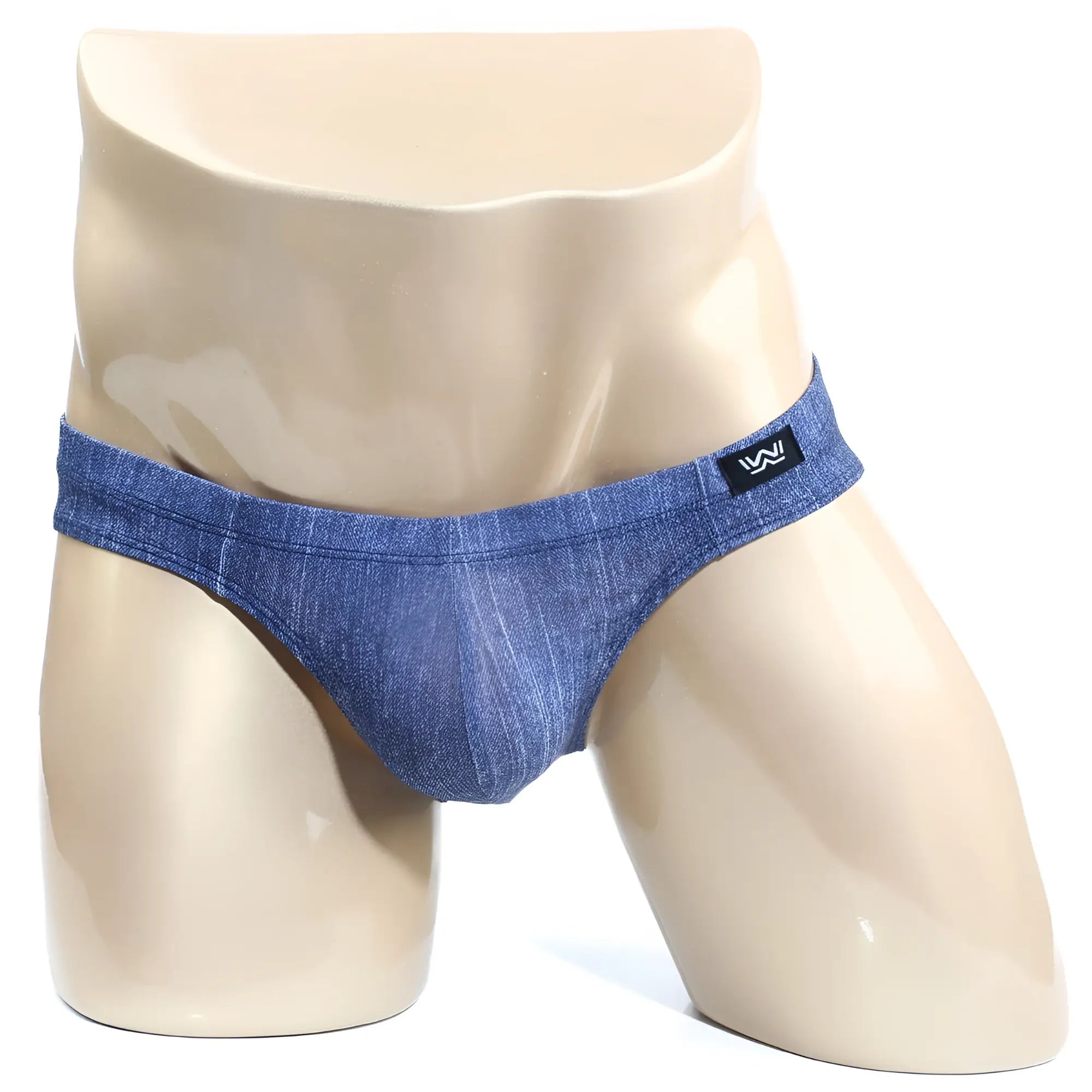 Blue denim-style men’s briefs with a black logo tag on the waistband metroMalewear denim bikini 5103-m80