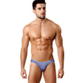 Blue denim-style briefs with subtle textured pattern and black brand tag on waistband metro malewear bikini 5103-m80