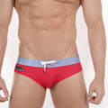 MetroMaleWear Denim swim brief 4916-51 red swim trunks with light blue textured waistband and white drawstring