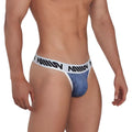 MetroMalewear denim thong indigo 2502-55 blue denim texture with white elastic waistband and black miliv branding