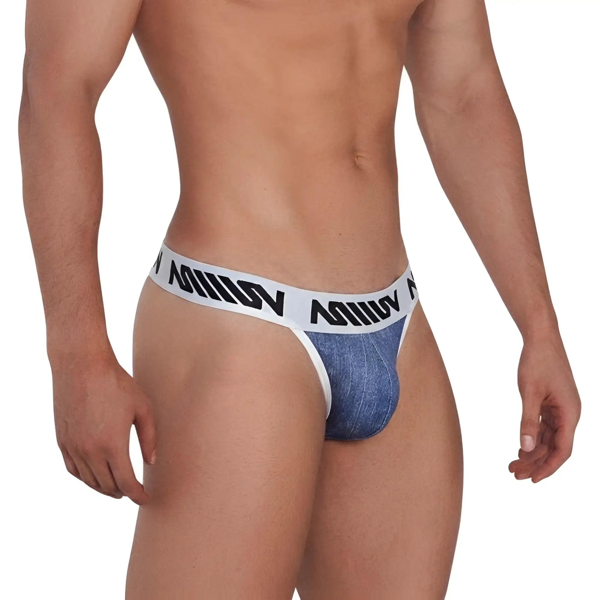 MetroMalewear denim thong indigo 2502-55 blue denim texture with white elastic waistband and black miliv branding
