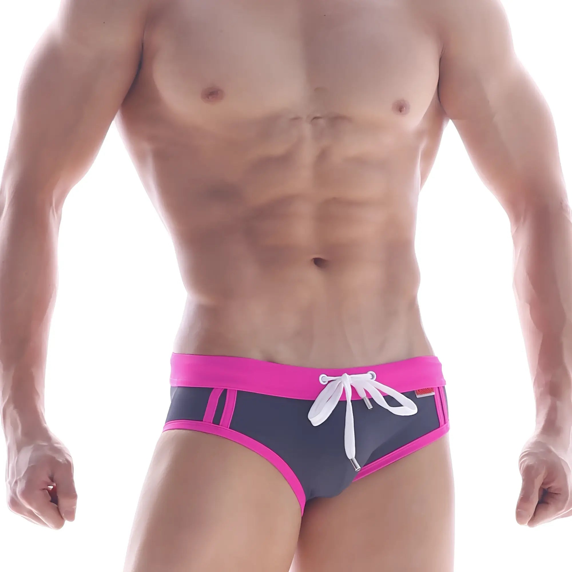 Metro malewear deporte swim brief grey 4924-11 in bright pink and navy blue with white drawstring swim trunks