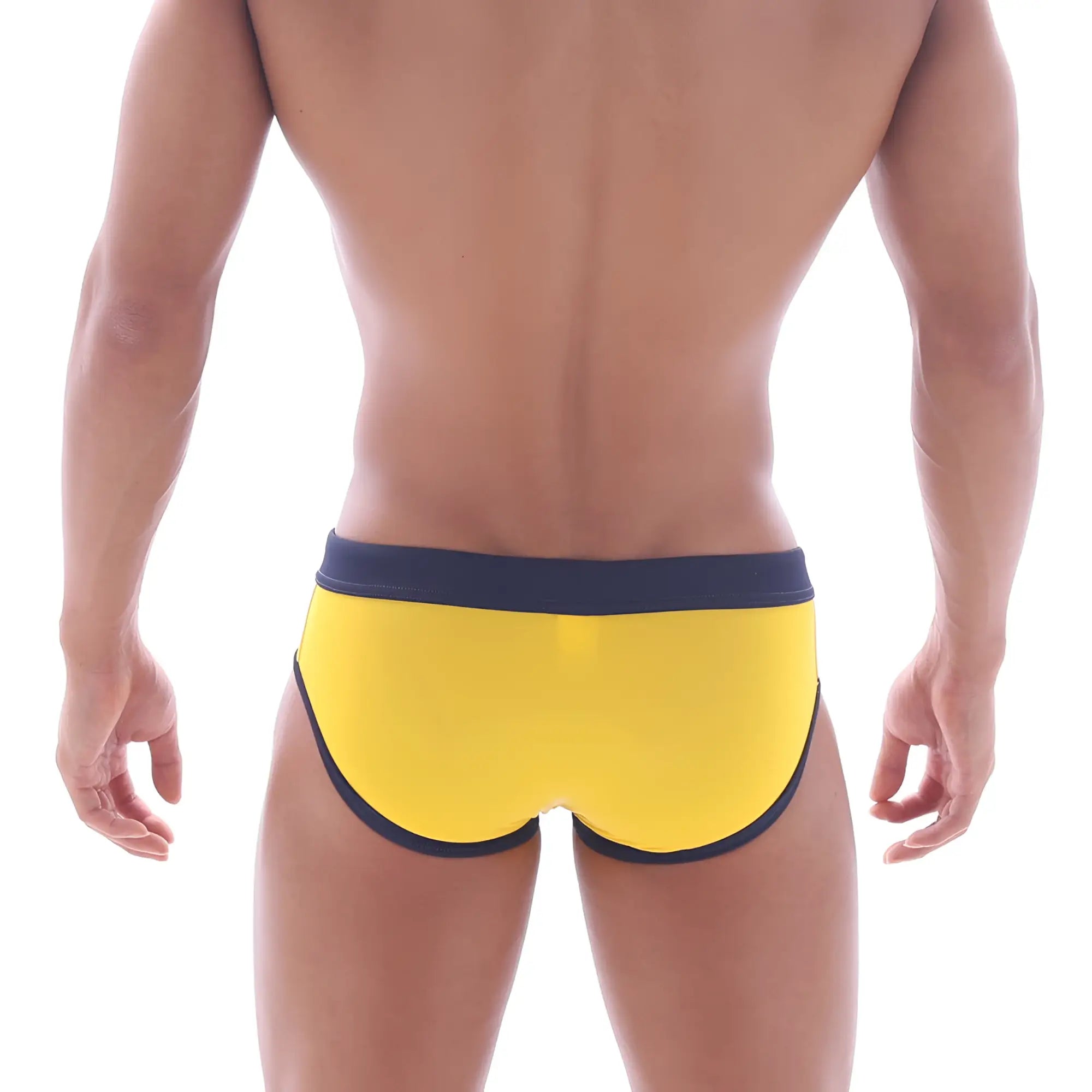 MetroMaleWear deporte swim brief yellow 4924-15 bright yellow with navy blue waistband and trim for swimming