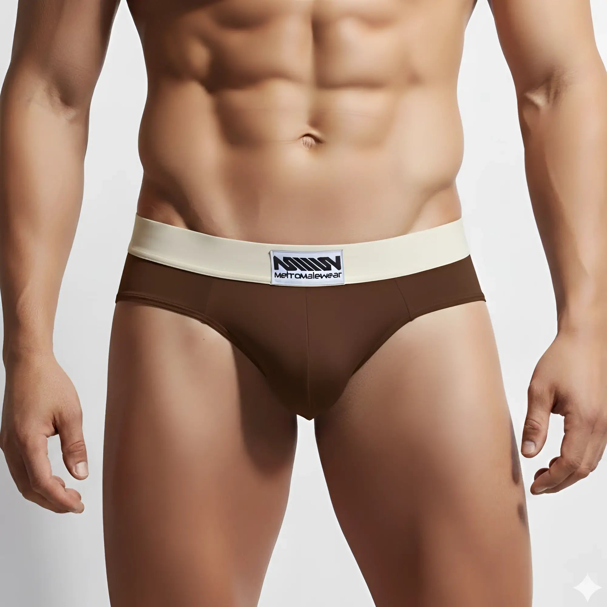 Brown metro malewear deportivo brief espresso 5203-f23 with cream waistband and mettoms wear logo for everyday comfort