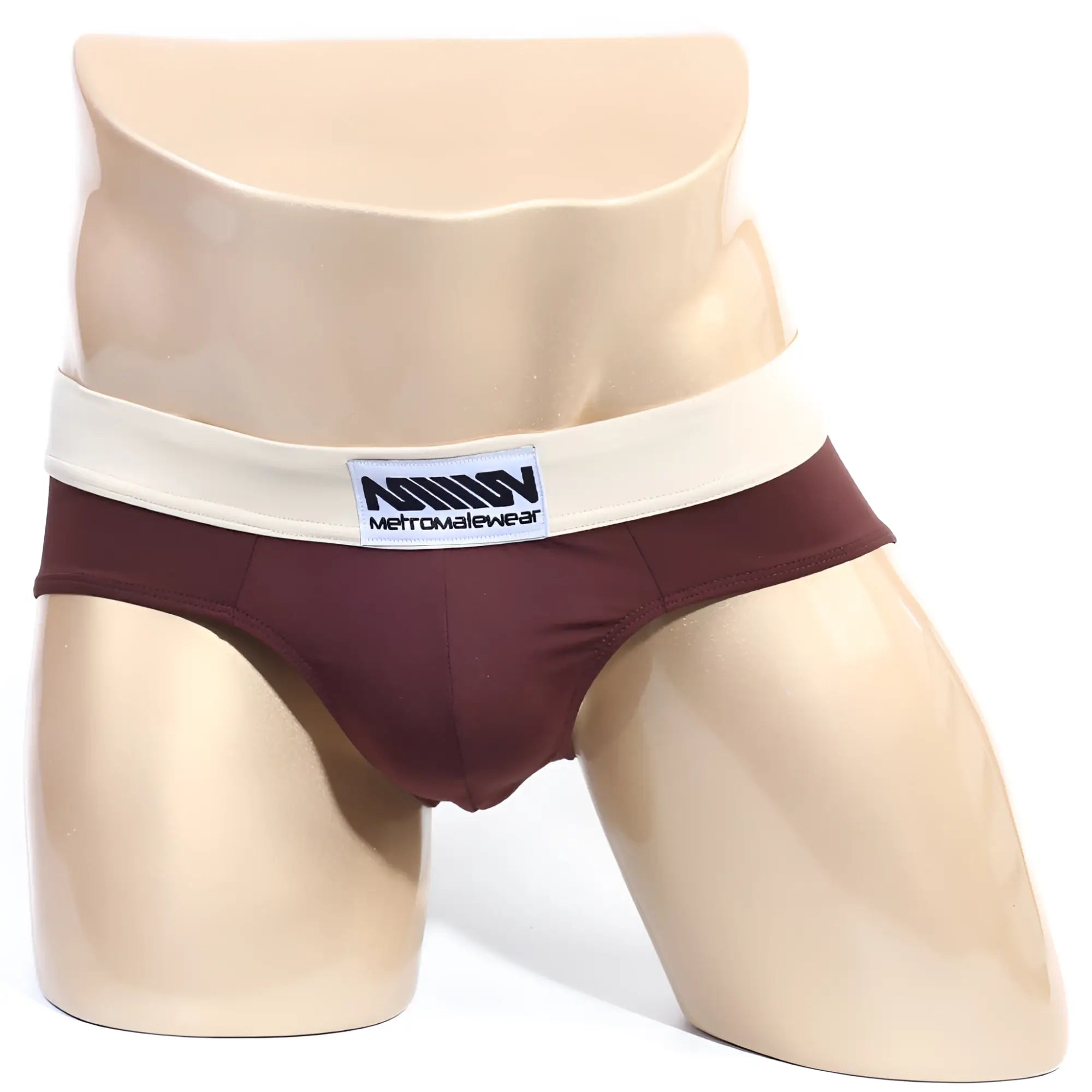 Maroon metroMalewear deportivo brief espresso 5203-F23 with cream waistband featuring the brand label