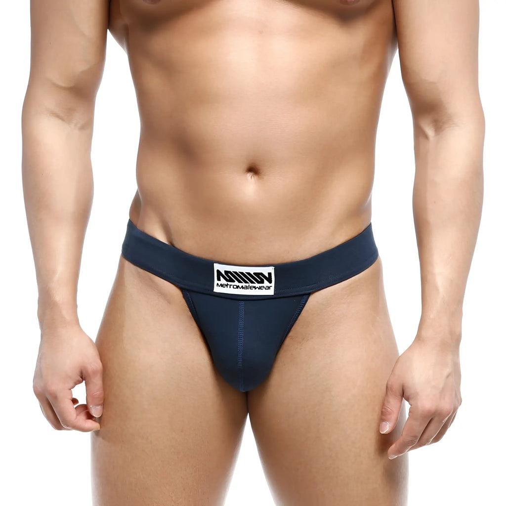 Navy blue metroMalewear Deseo bikini briefs with a white label and black text for athletic use