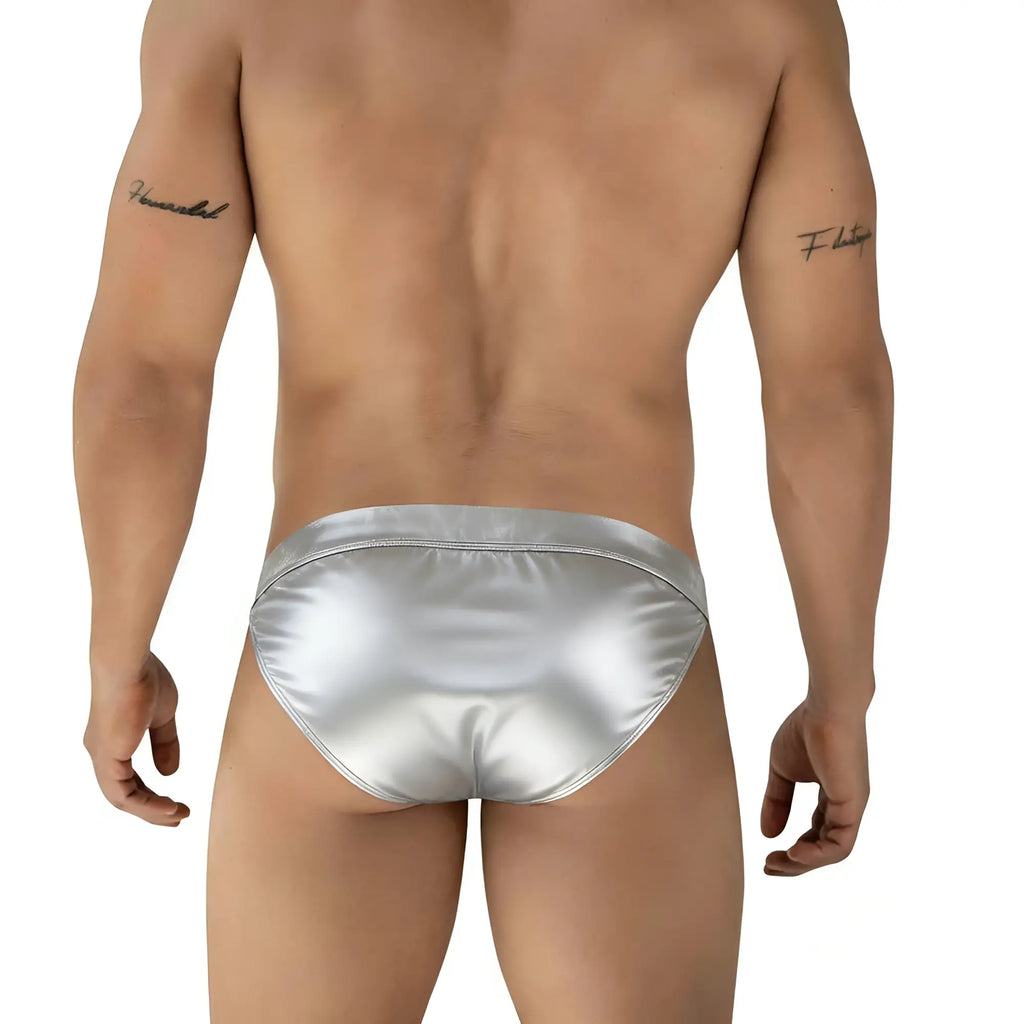 Silver satin briefs metro malewear deseo bikini metallic silver showing front view with smooth shiny fabric