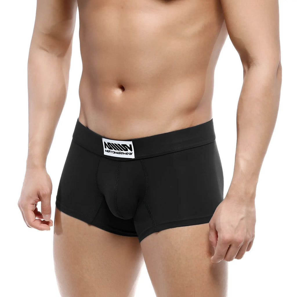 Black men’s boxer briefs with a white merton & glewer label on the waistband metro male wear deseo boxer black 3323-20