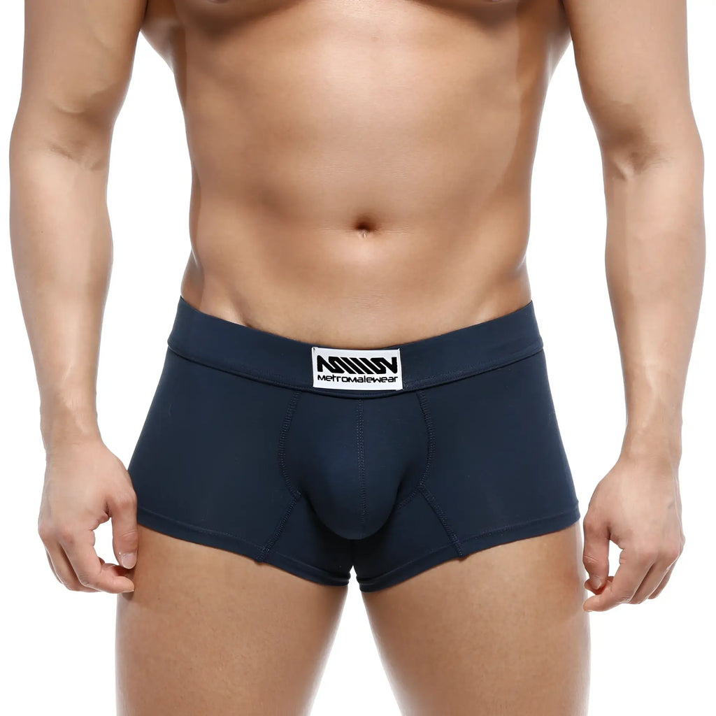 Navy blue men’s briefs with white metromalewear label featuring brand name and logo model deseo boxer 3323-28