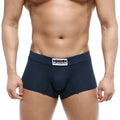 Navy blue men’s briefs with white metromalewear label featuring brand name and logo model deseo boxer 3323-28