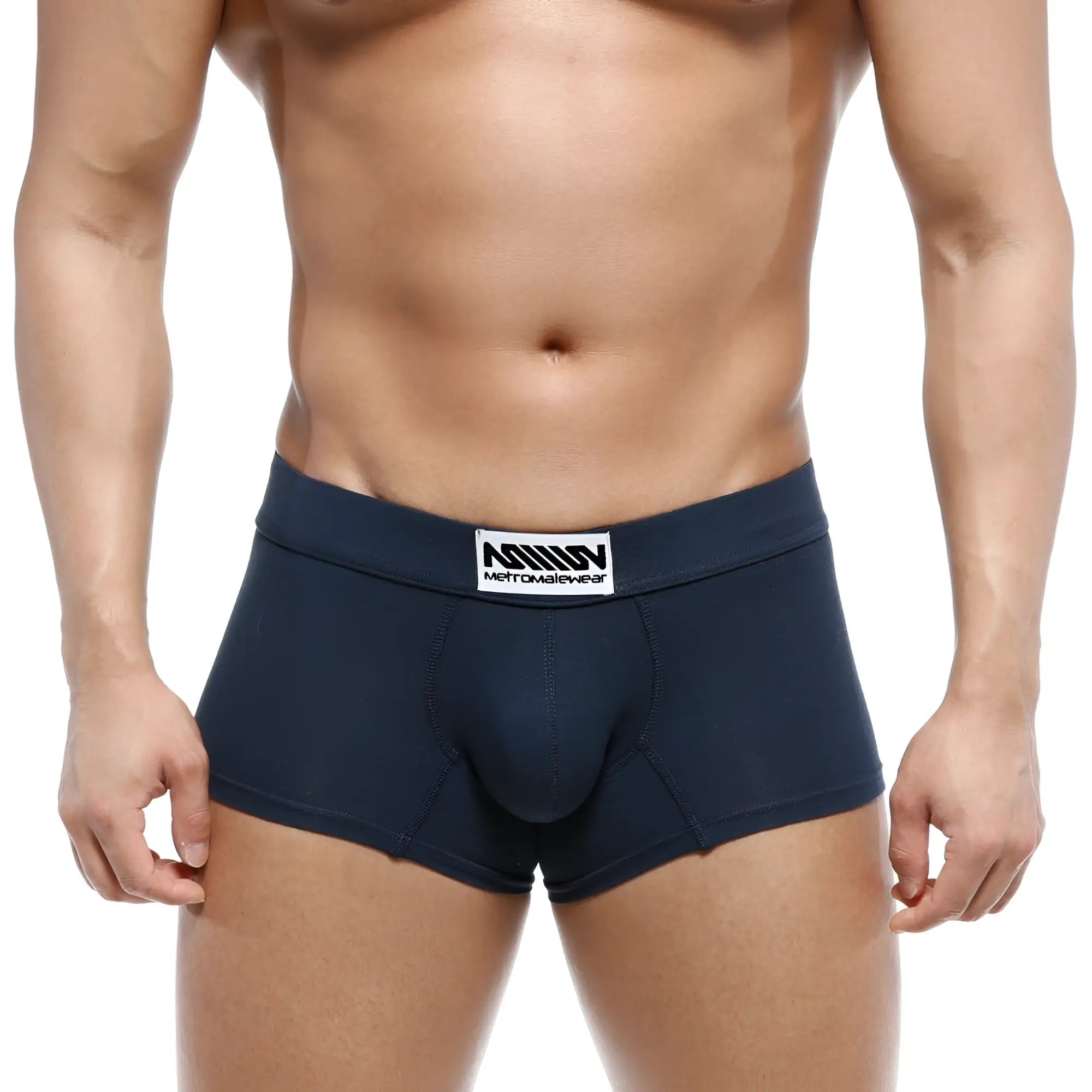 Navy blue men’s briefs with white metromalewear label featuring brand name and logo model deseo boxer 3323-28