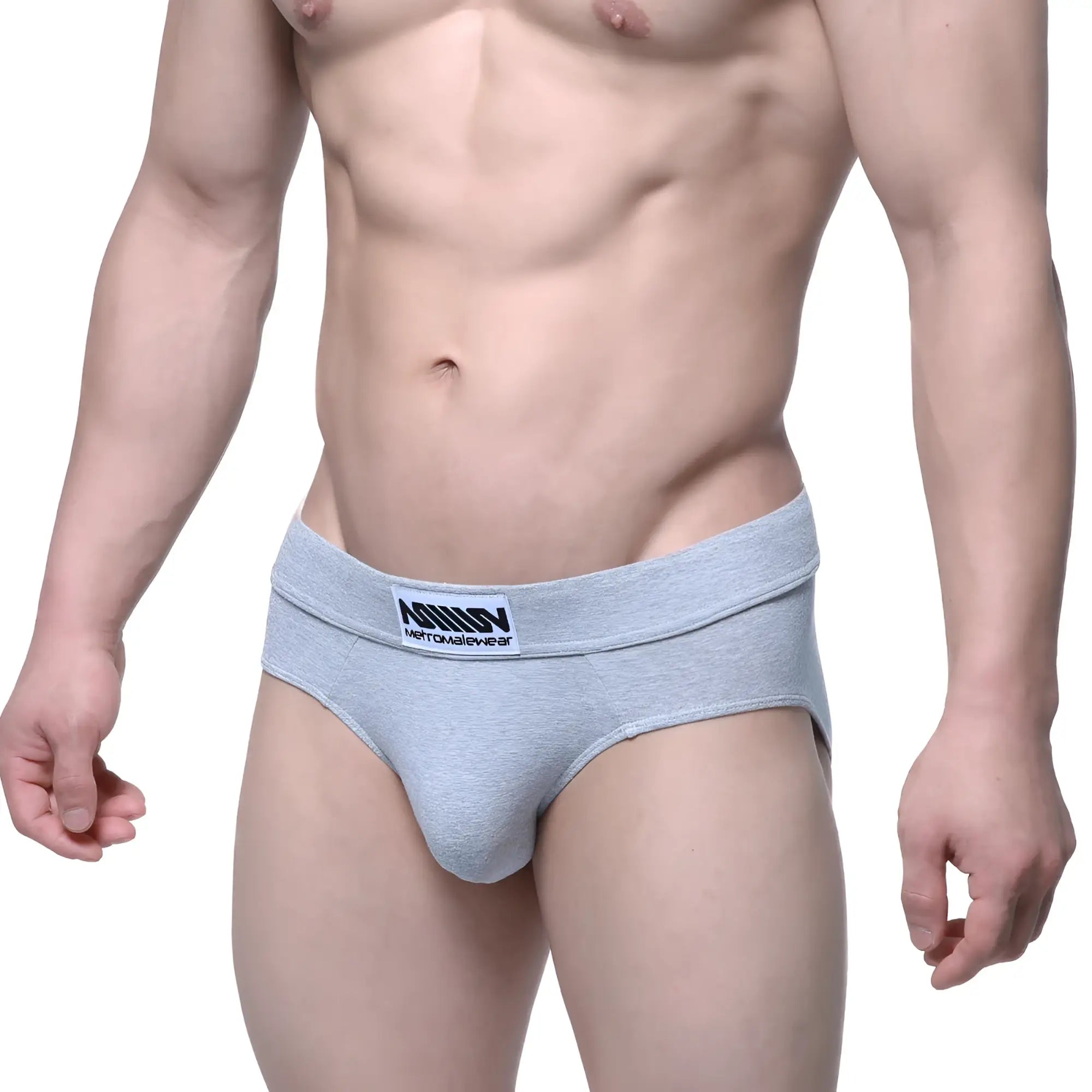 Gray heathered cotton briefs with black and white metro malewear branded waistband metro malewear deseo brief 5503-10