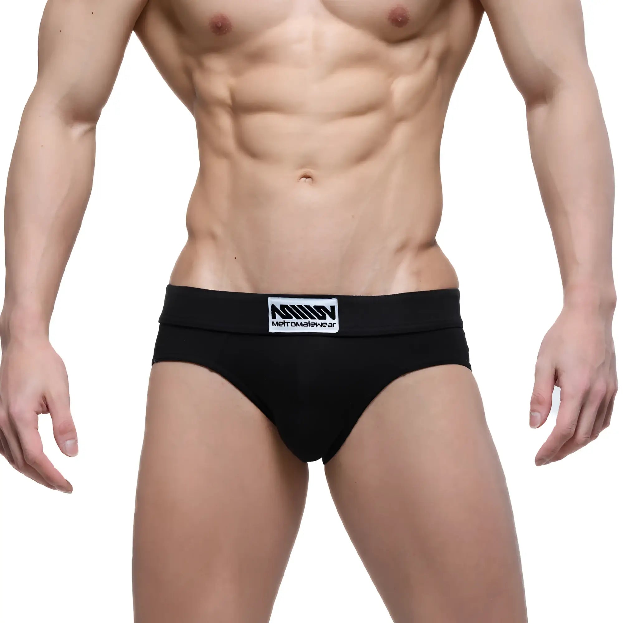 Black men’s briefs metroMalewear deseo brief pearl 5503-22 with white logo patch on waistband in front view
