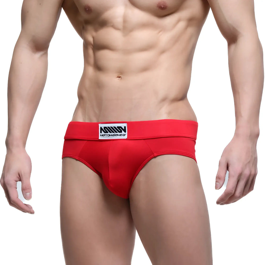 Red men’s briefs metro male wear deseo brief 5503-12 featuring a white and black logo waistband