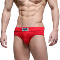 Red men’s briefs metro male wear deseo brief 5503-12 featuring a white and black logo waistband