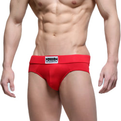 Red men’s briefs metro male wear deseo brief 5503-12 featuring a white and black logo waistband