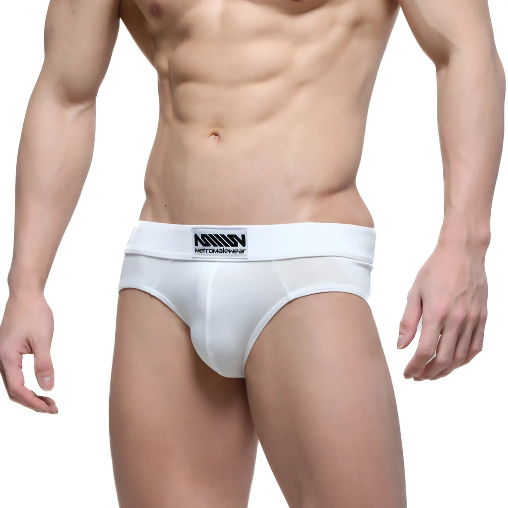 White metro male wear deseo brief with black logo waistband made of soft breathable fabric for daily comfort