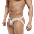 Beige athletic briefs with a white waistband featuring the mens brand logo metro malewear deseo jock 3301-04