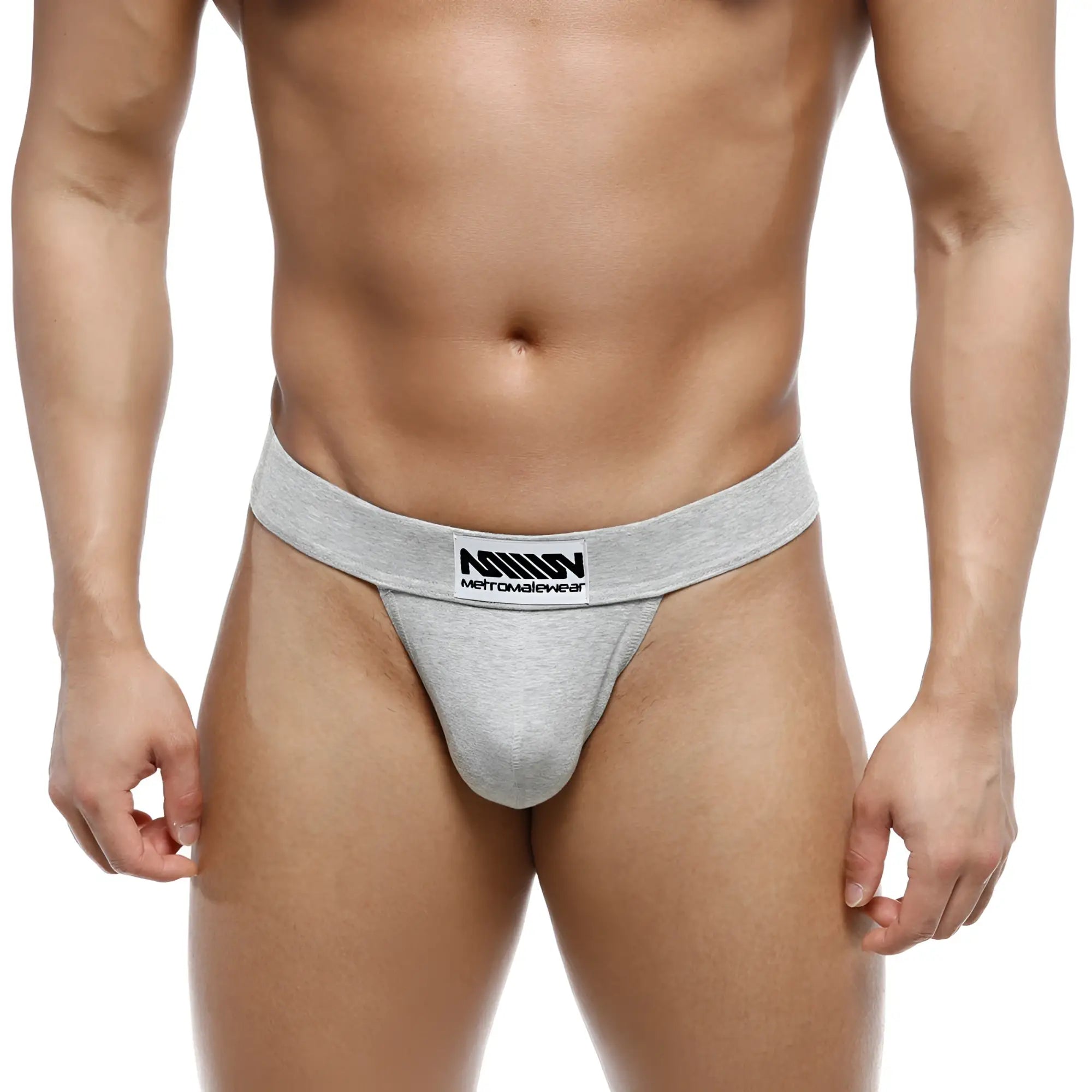 Gray heathered cotton briefs with a black and white metromalewear logo waistband metro male wear deseo thong jasper gray