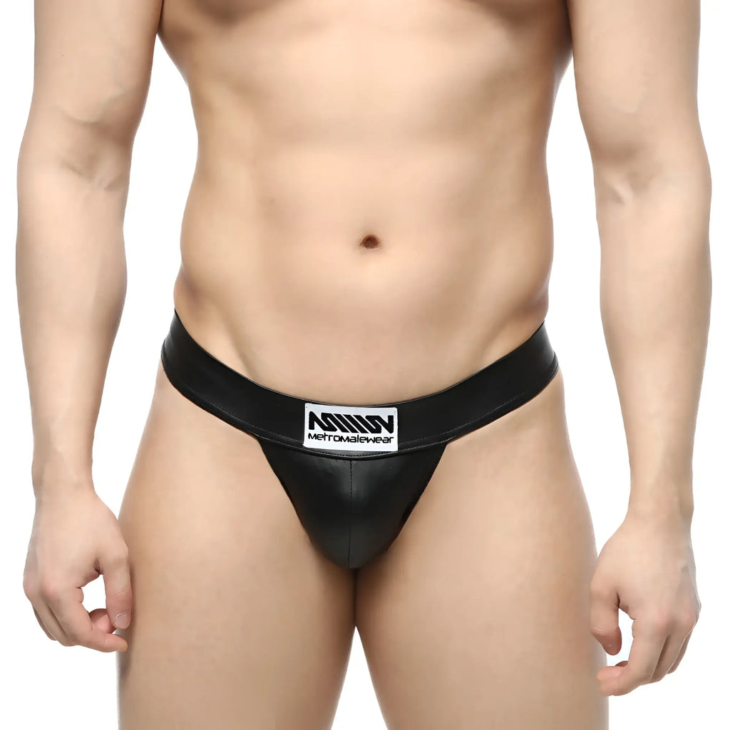 Black leather-like thong with white rectangular MetroMaleWear logo patch on waistband in metal black 3312-30