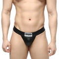 Black leather-like thong with white rectangular MetroMaleWear logo patch on waistband in metal black 3312-30