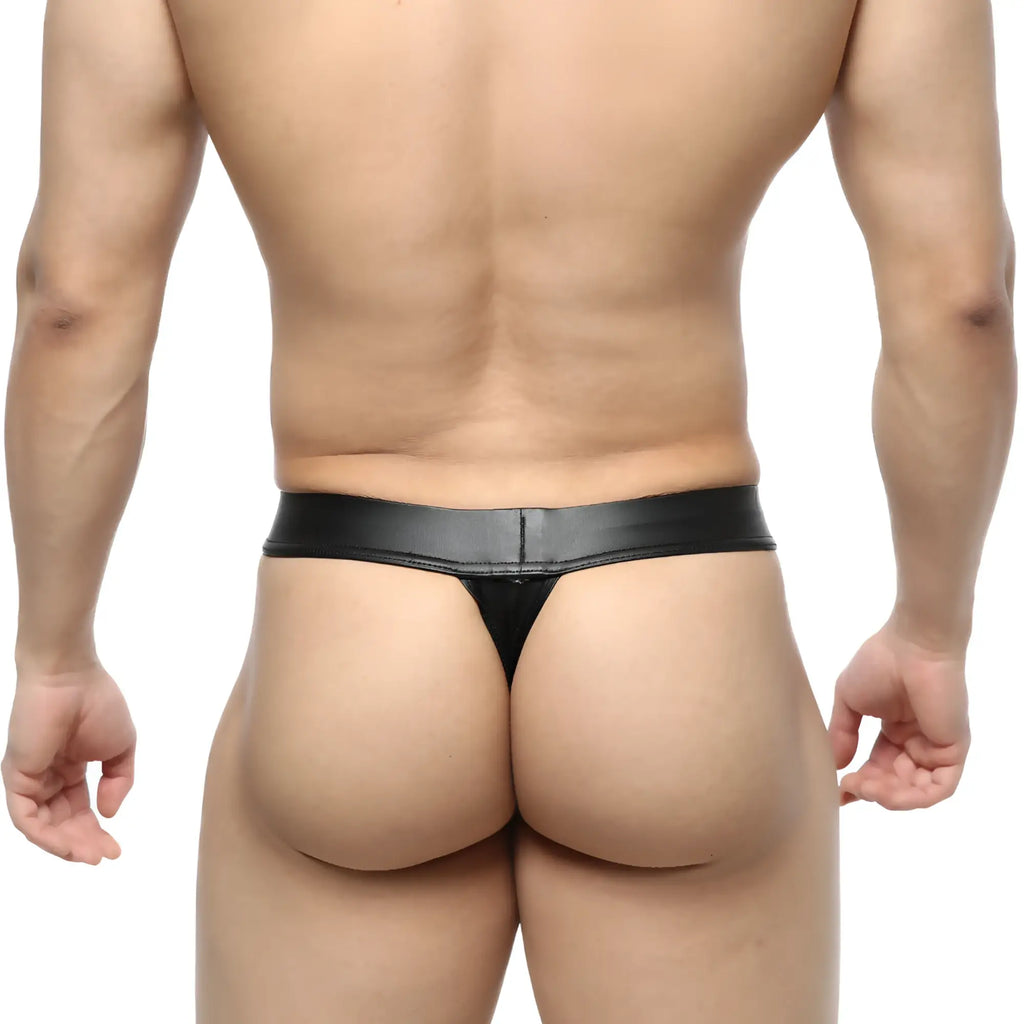 Metro male wear deseo thong metal black 3312-30 smooth glossy black leather thong with narrow waistband