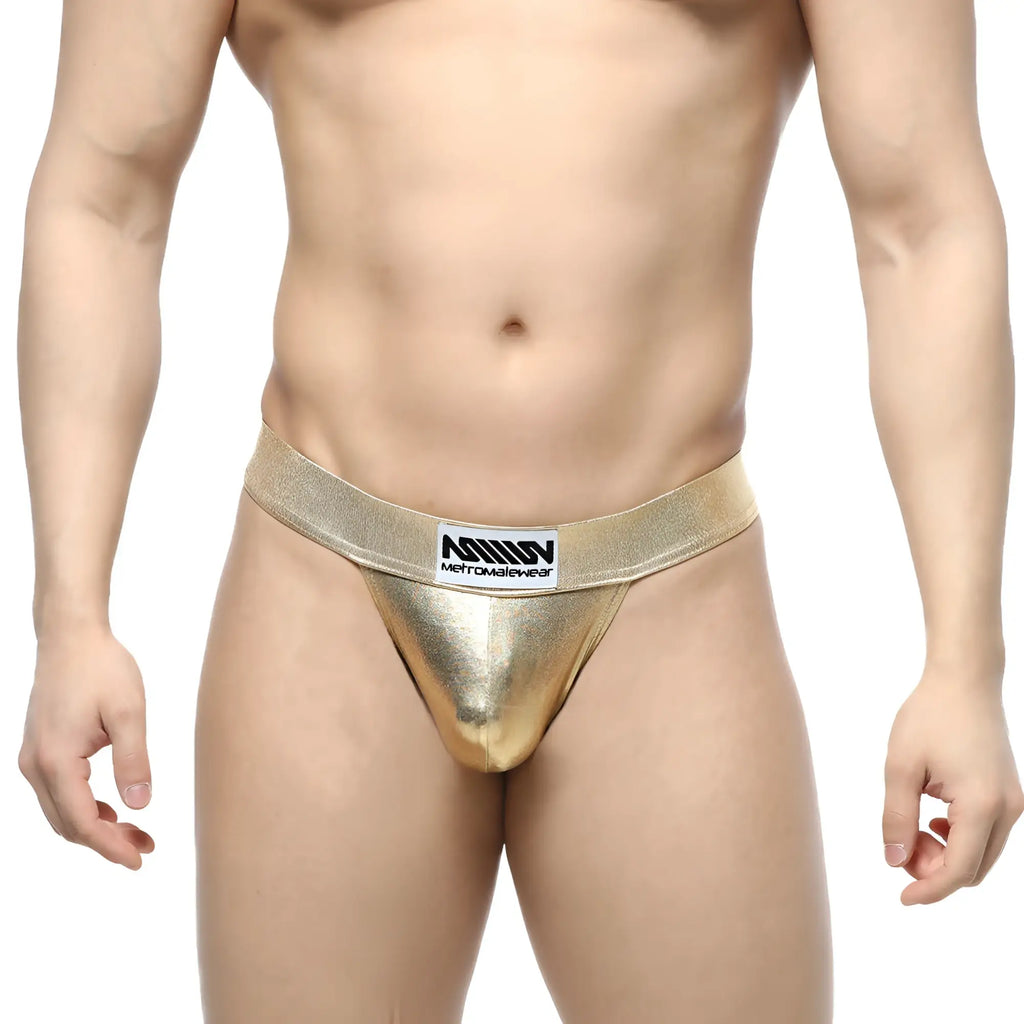 Gold metallic briefs with a black and white logo waistband from MetroMaleWear Deseo Thong metal gold 3312-21