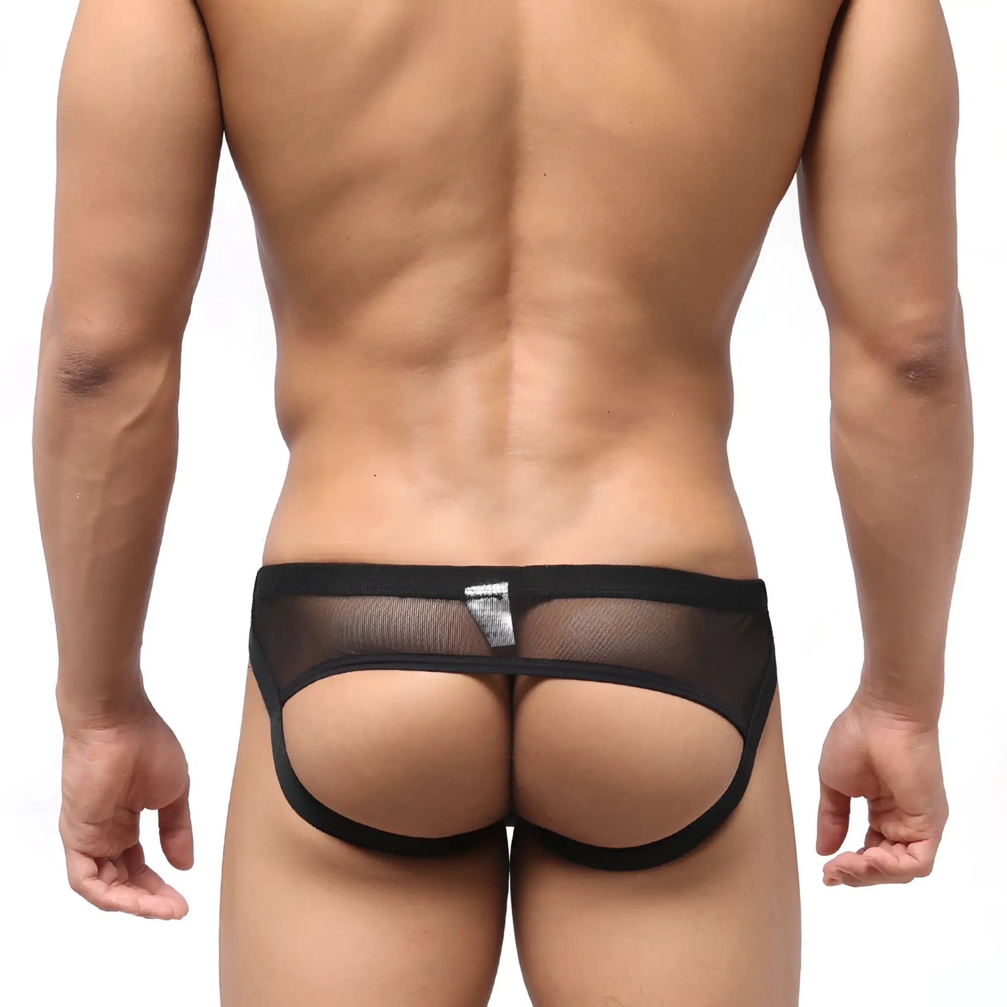 MetroMaleWear despejado jock strap black mesh thong with solid waistband and silver rectangular logo tag