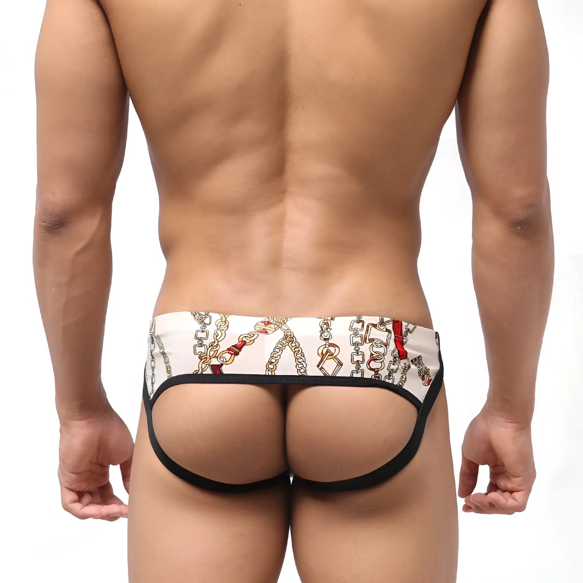 White briefs with a chain and red accent pattern and black trim from metromalewear despejado jock strap lujos 1301-31
