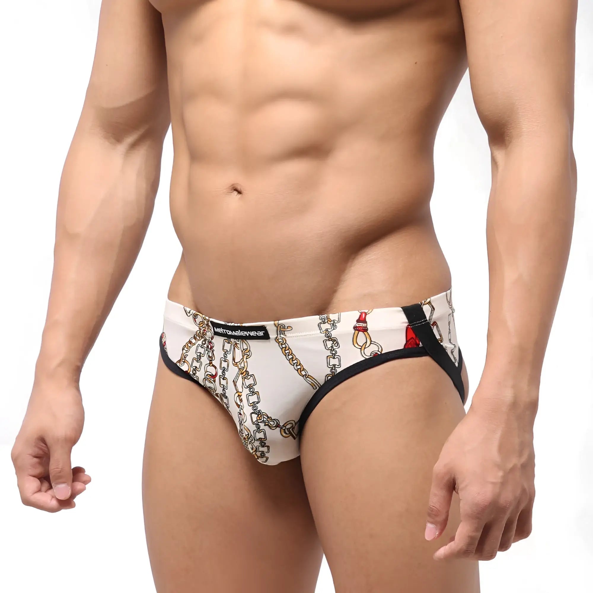 White men’s briefs with chain and lock pattern black trim misto waistband metro malewear despejado jock strap lujo