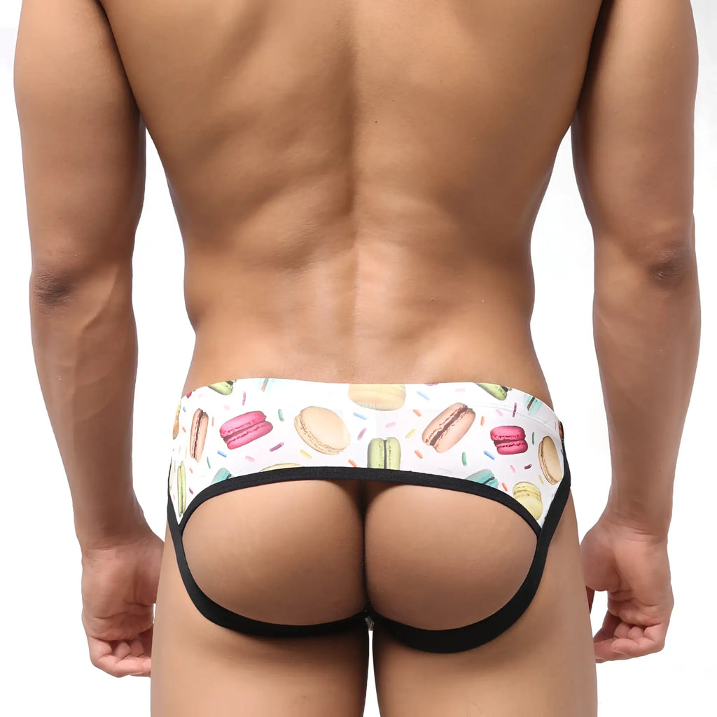 MetroMaleWear despejado jock strap briefs in white and black with colorful macarons hot dogs and sprinkles pattern