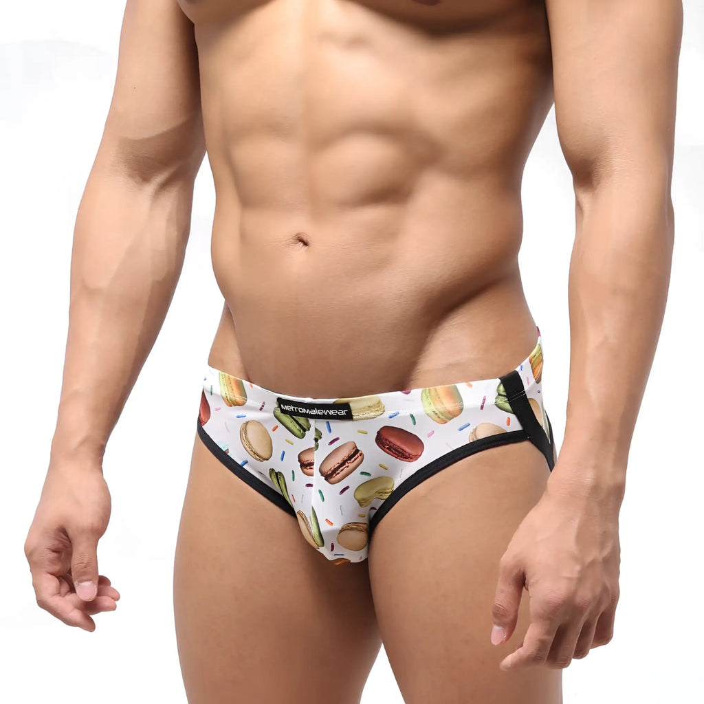 White men briefs with playful macaron hot dog and candy sprinkle pattern black trim from metromalewear despejado jock strap