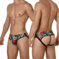 MetroMaleWear despejado jock strap rosee 1301-81 vibrant briefs with floral leopard print red roses green leaves black trim