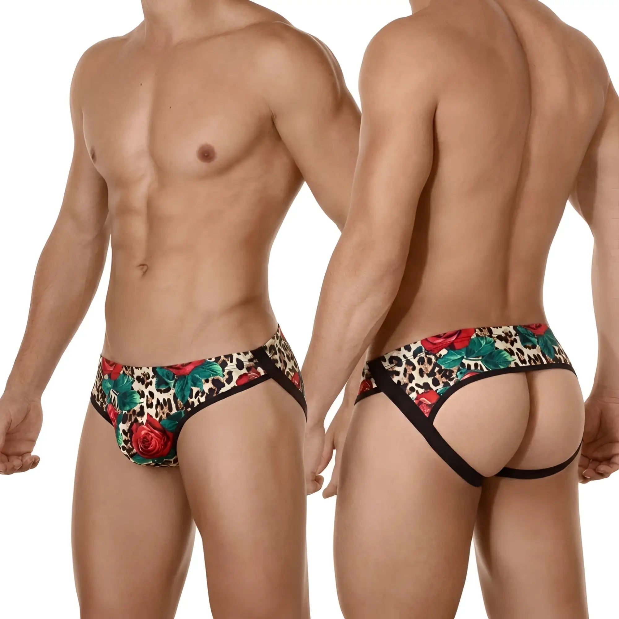 MetroMaleWear despejado jock strap rosee 1301-81 vibrant briefs with floral leopard print red roses green leaves black trim