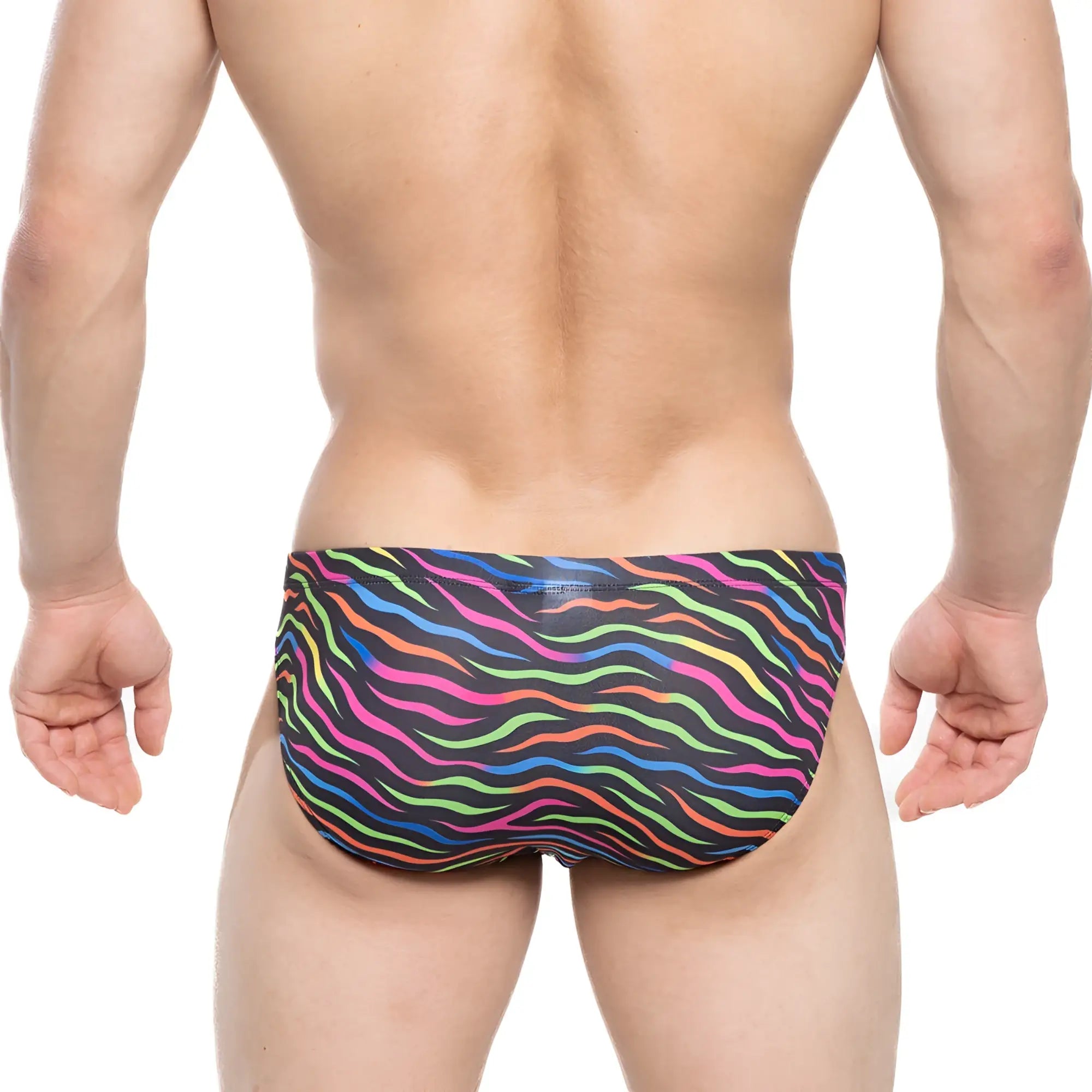 MetroMaleWear disco bikini 5103-m43 vibrant rainbow-colored zebra-striped sleek form-fitting swim trunks front view